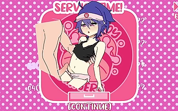 Japanese hentai games featuring cute femboys serving mouth-watering burgers in a steamy kitchen