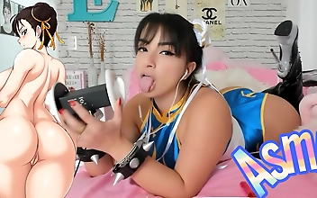 luscious Chun Li cosplay ASMR ear licking session